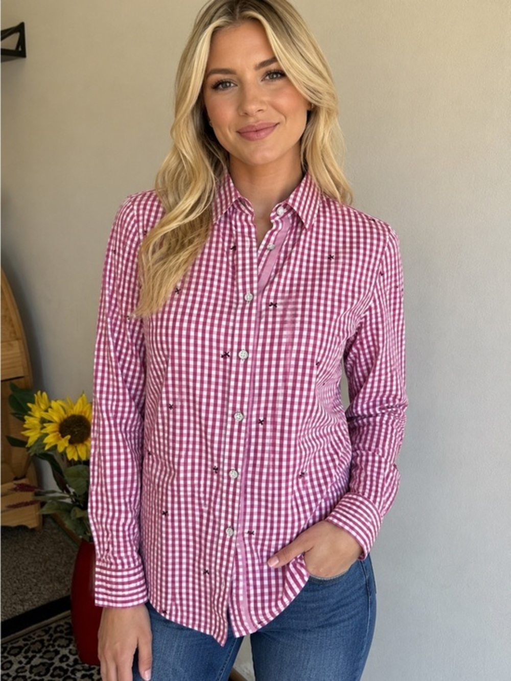 Brooks Brother Red Fleece Button Down Gingham Floral Size 6